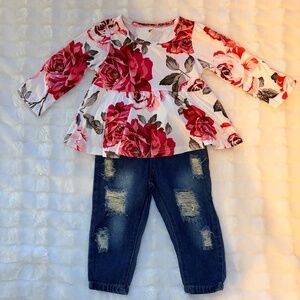 Toddler Baby Girl Clothes Outfit Floral Long Sleeve Top Denim Pants Set